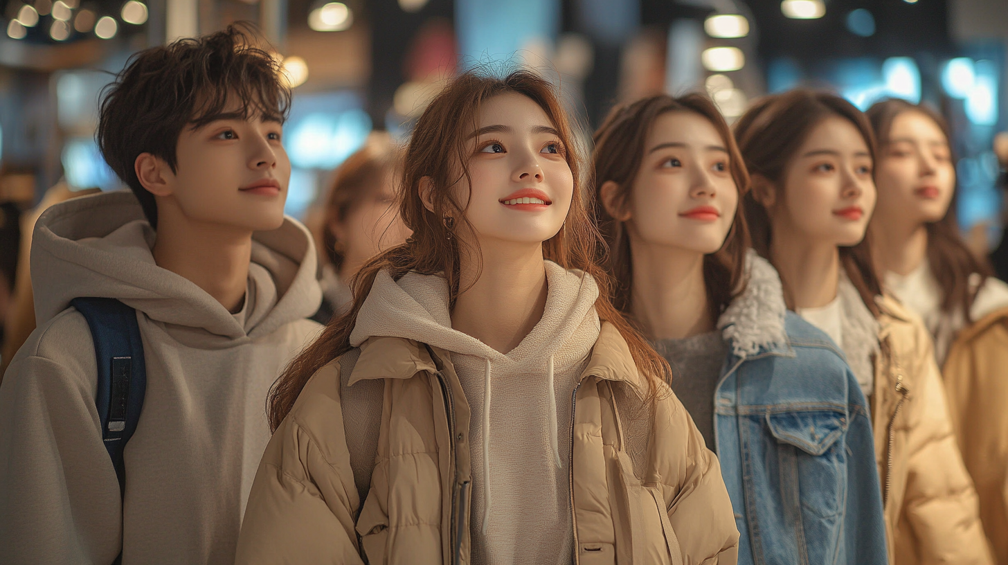 Full-body photo of 6 Chinese youth in Uniqlo.