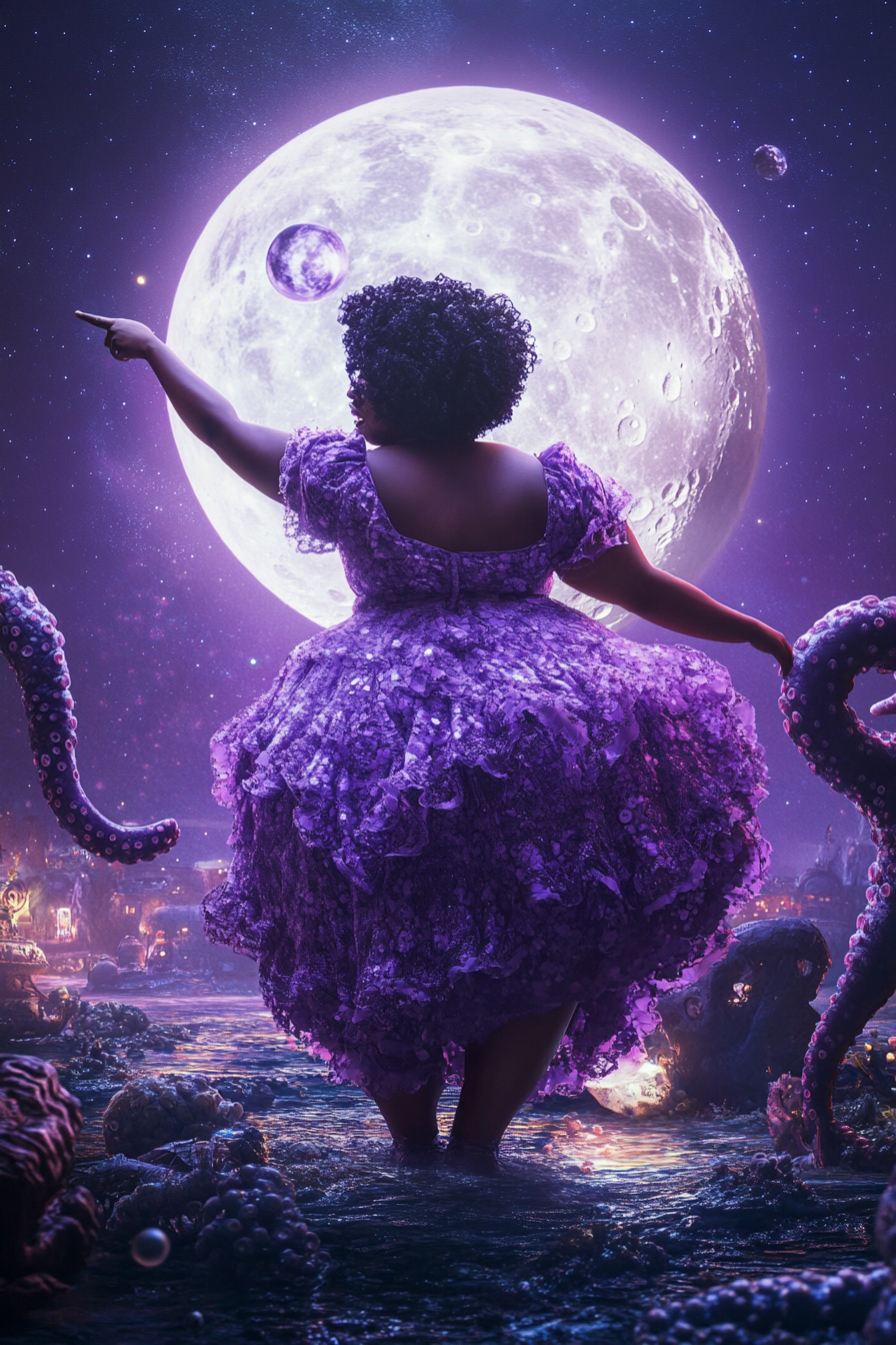 Funny Black woman pointing at moon while tentacle holds her.