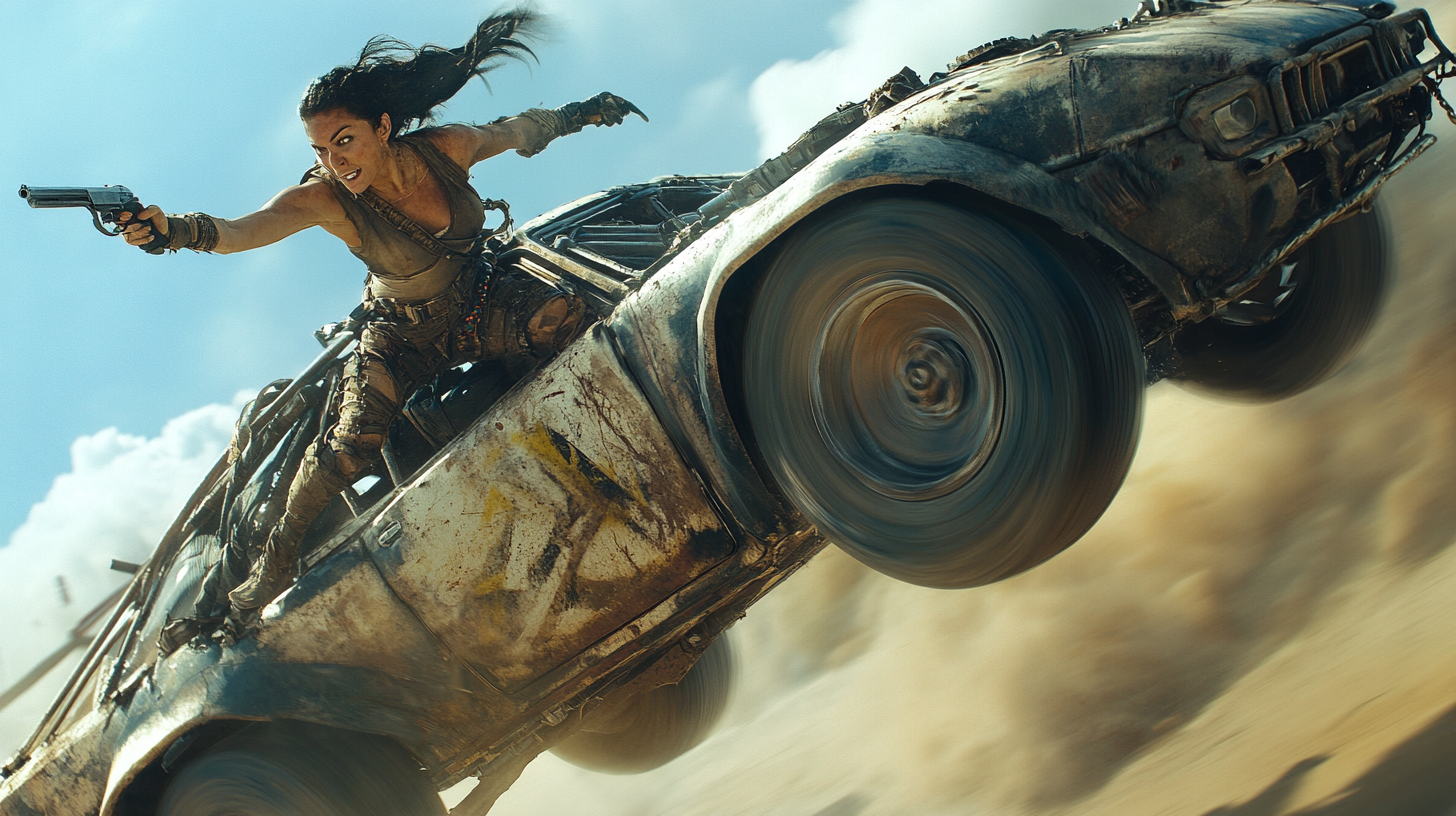 Furiosa in 20s with shotgun jumping from armored vehicle.