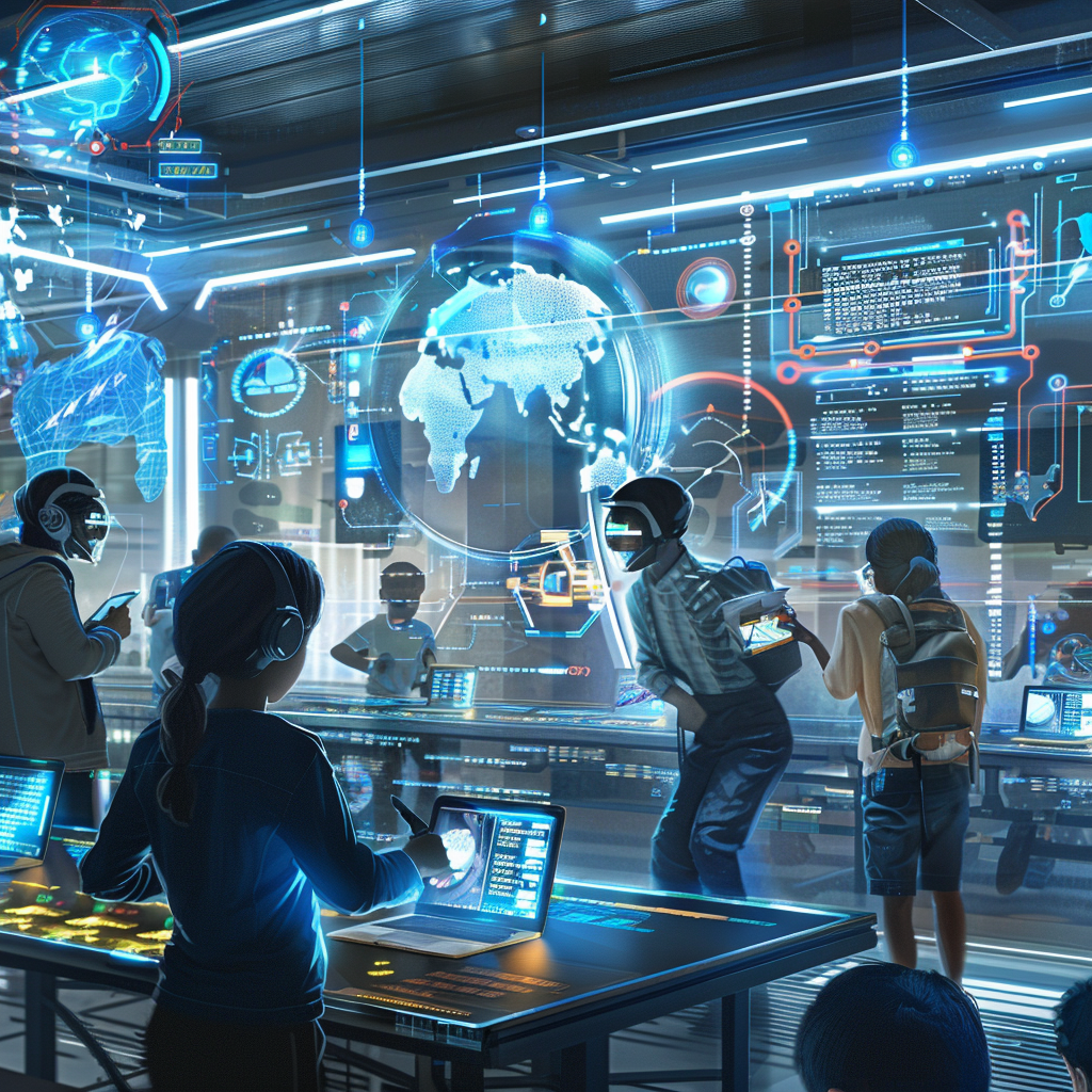 Futuristic classroom with diverse students and AI devices.