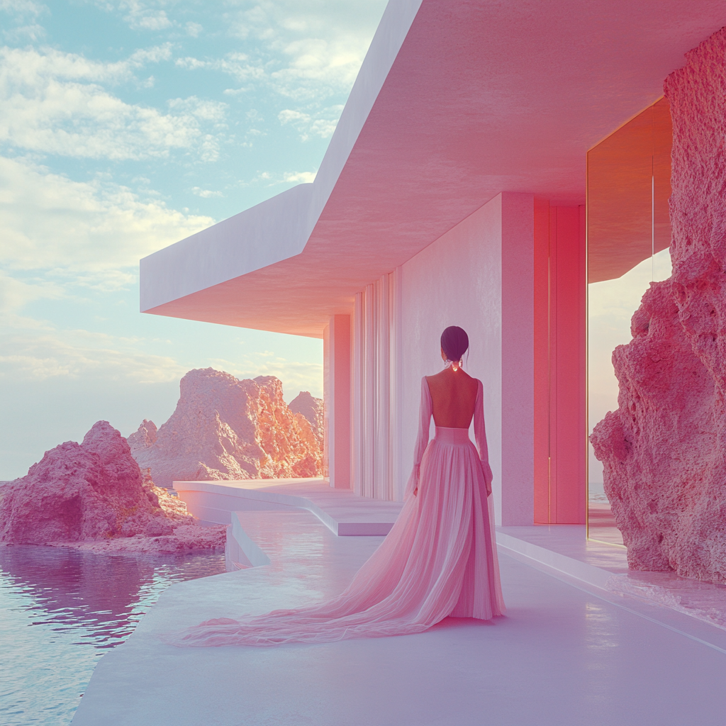 Futuristic lunar waterfall house, pink tones, minimalist style.