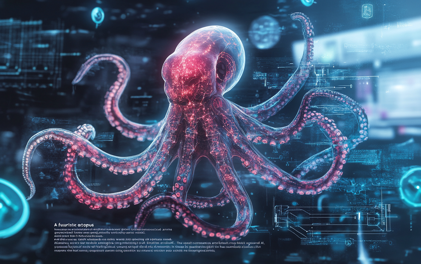 Futuristic octopus with glowing arms managing transparent governance nodes.