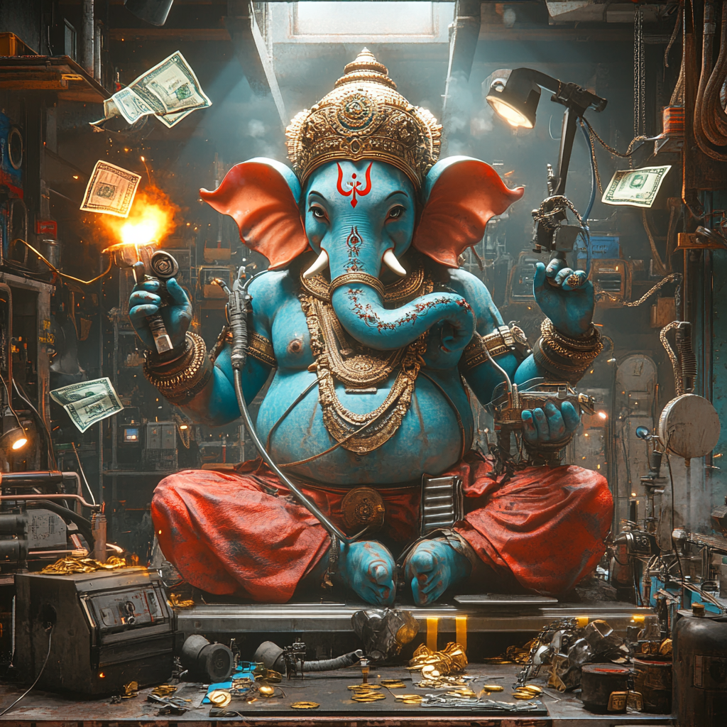 Ganesha: Welder of Wealth in Cyberpunk Workshop