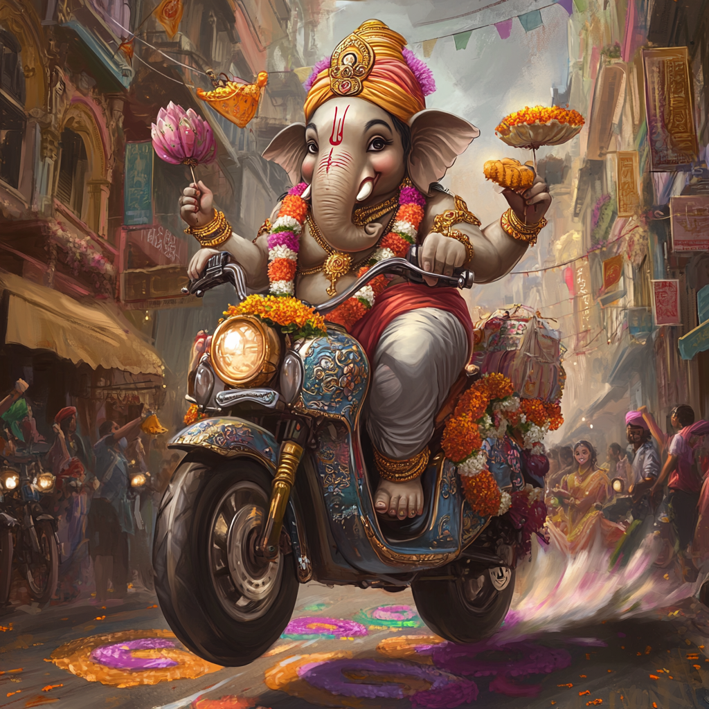 Ganpati Bappa rides bike with festive decorations happily.