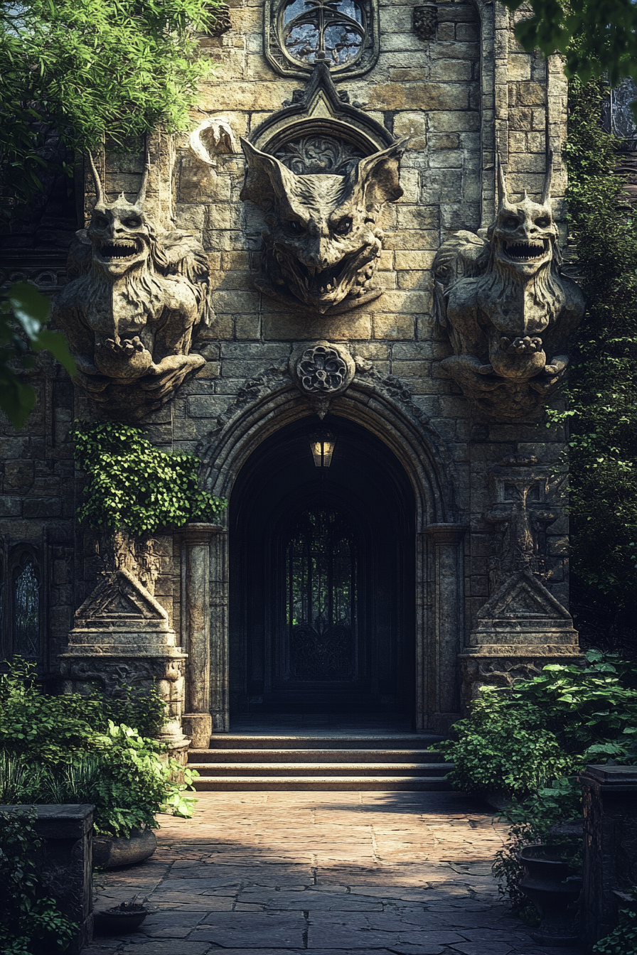 Gargoyle-adorned entryway evokes ancient, mystical Western Gothic aesthetic.