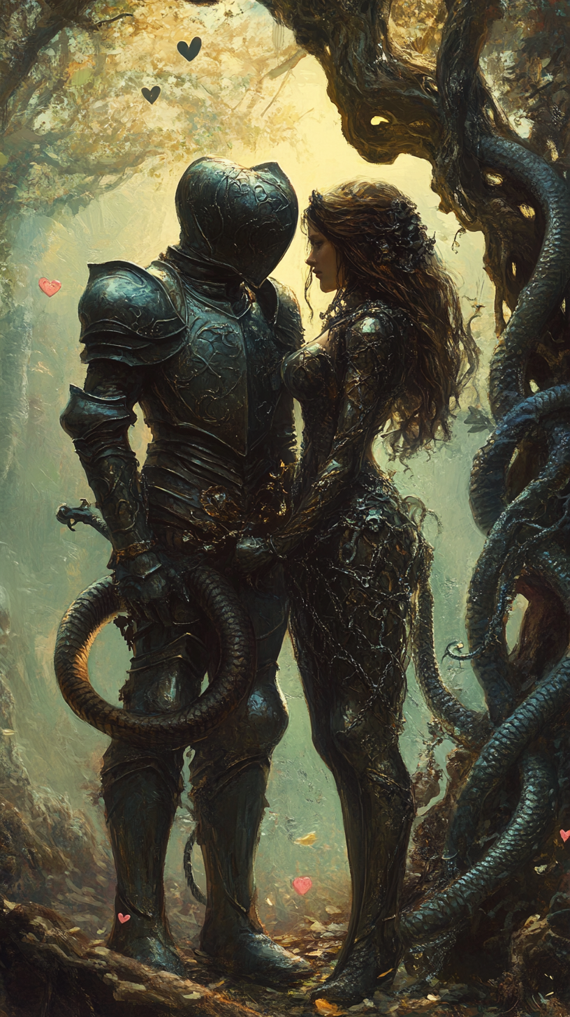 Geminis in love, armored warriors unite, medieval fantasy scene.