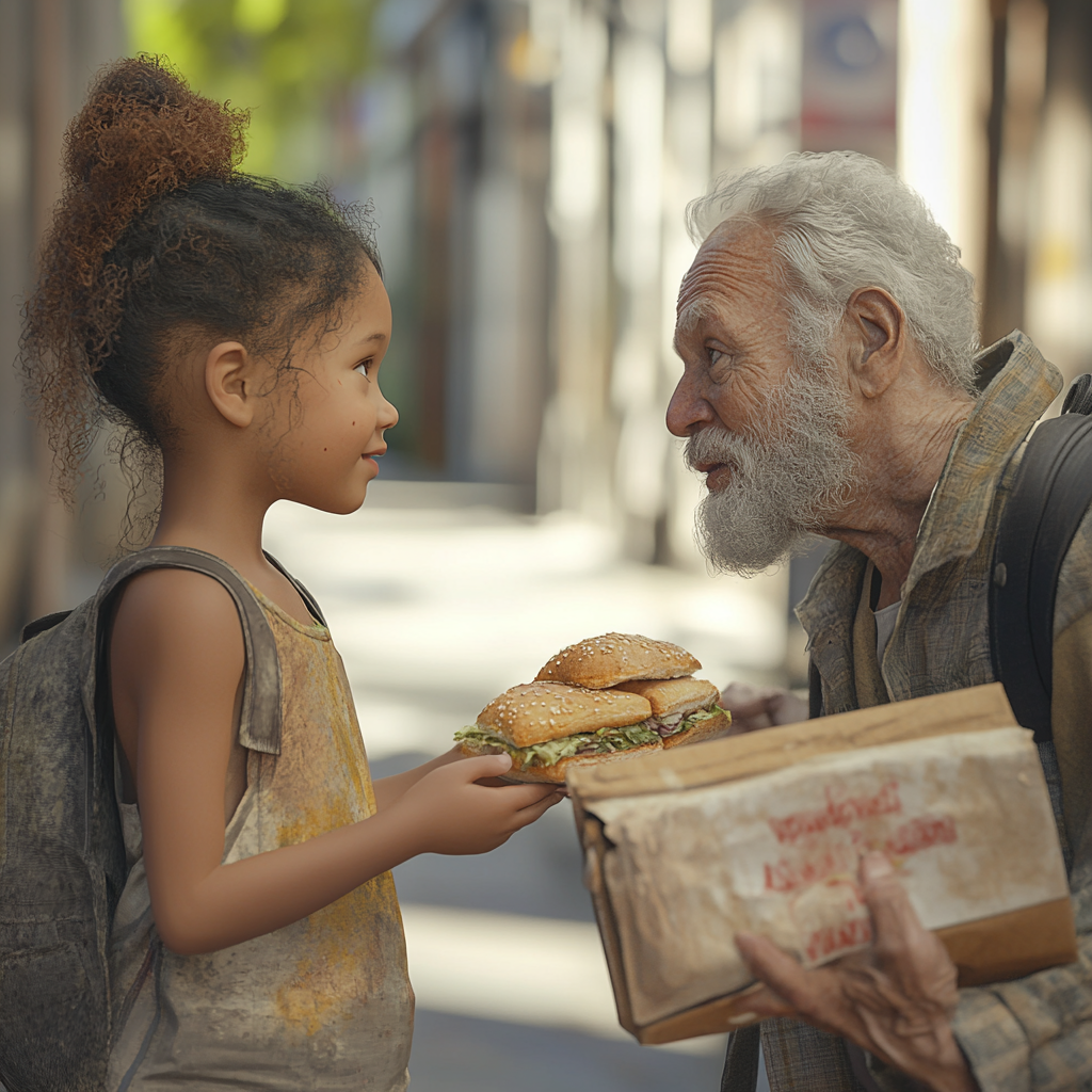 Generous 5-year-old girl offers sandwich to man on skid row during daylight, 8K photo. 