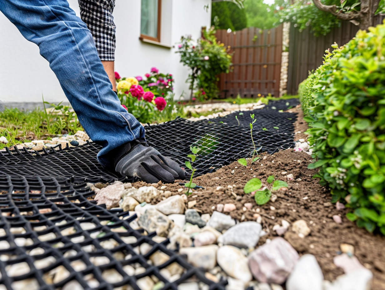 Geogrid installation on garden slope by man in backyard.