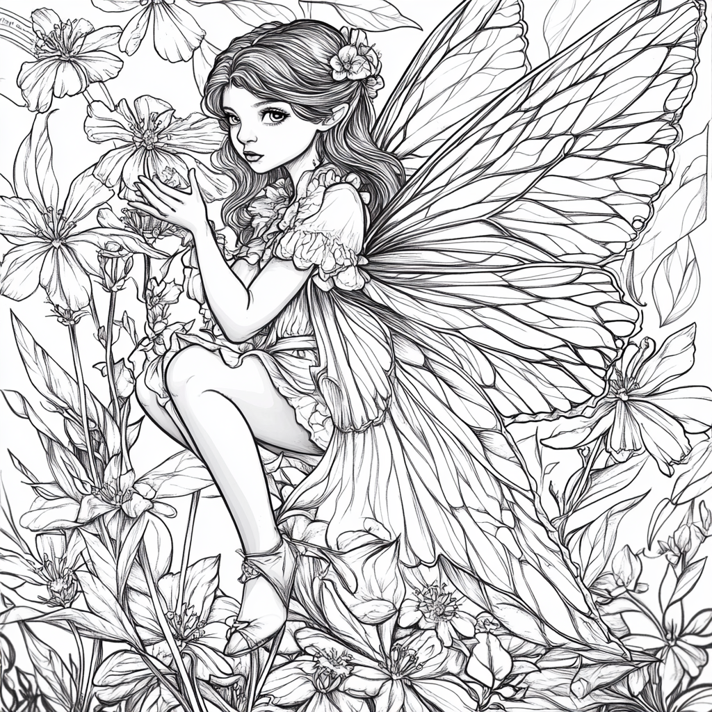 Geranium Flower Fairy Coloring Page for Kids, Cartoon Style