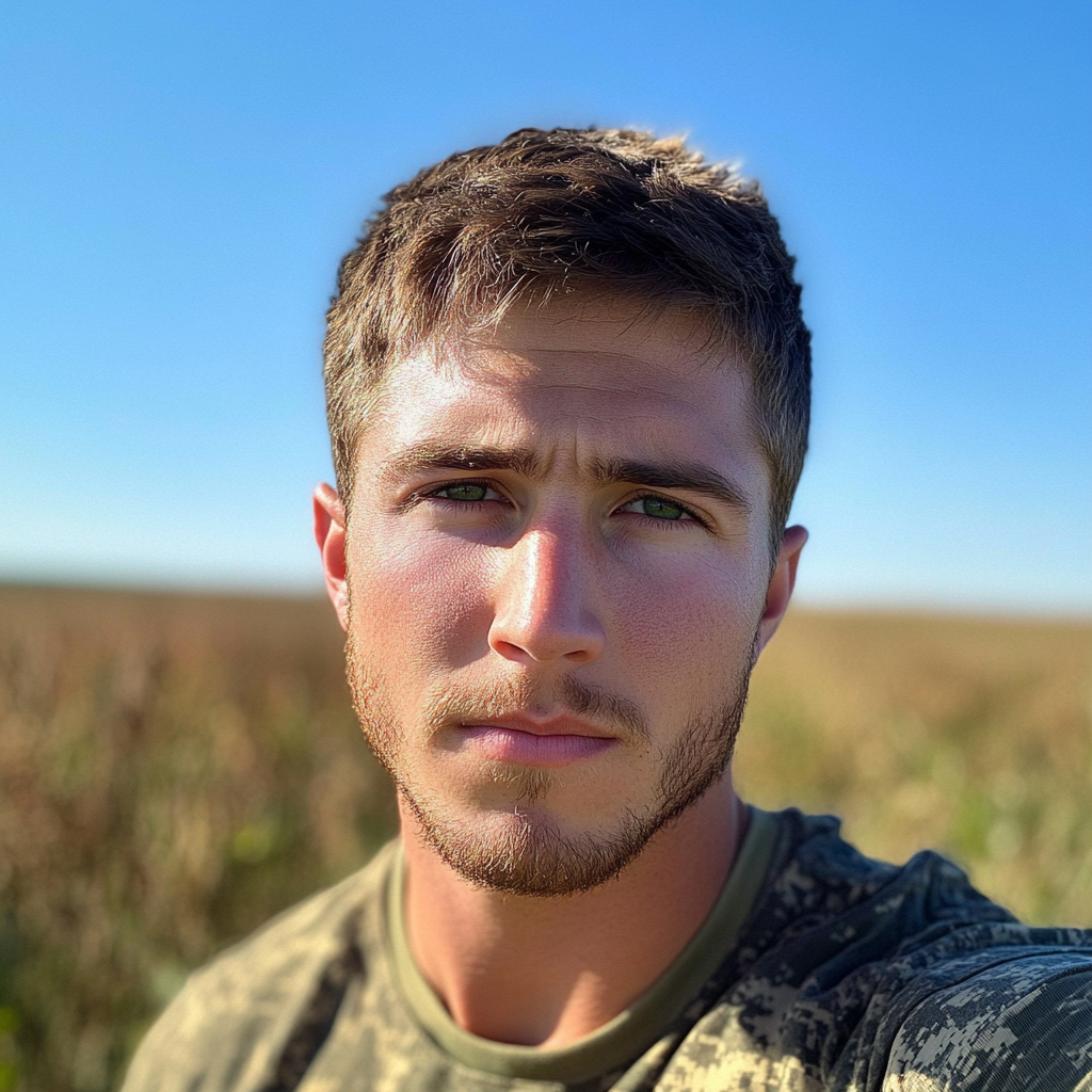 German male with brown hair, green eyes, farm and military experience.