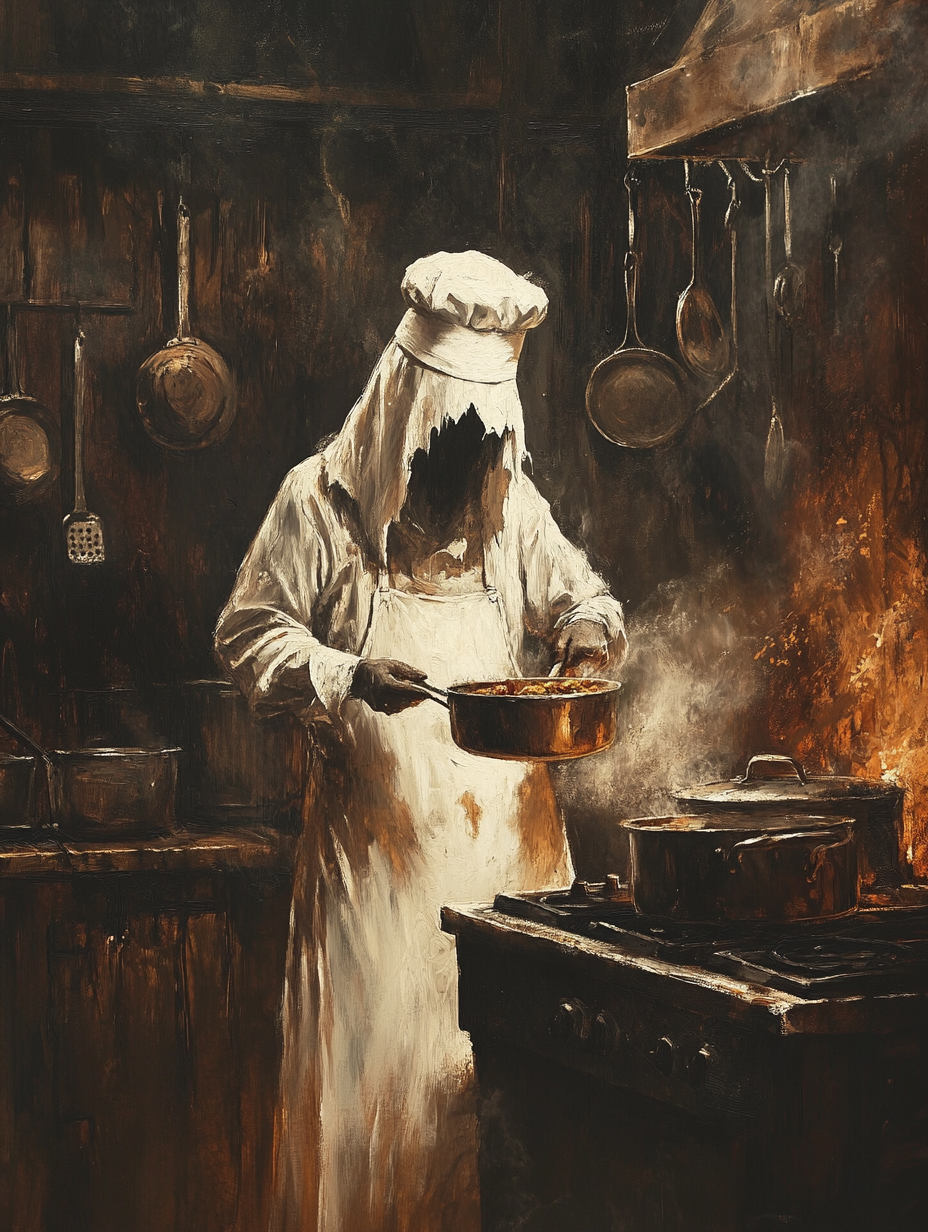 Ghost chef cooking in vintage kitchen with brushstrokes.