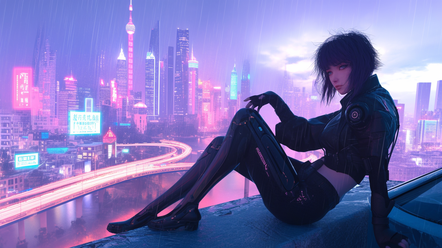 Ghost in the Shell inspired cyberpunk scene with cinematic lighting.