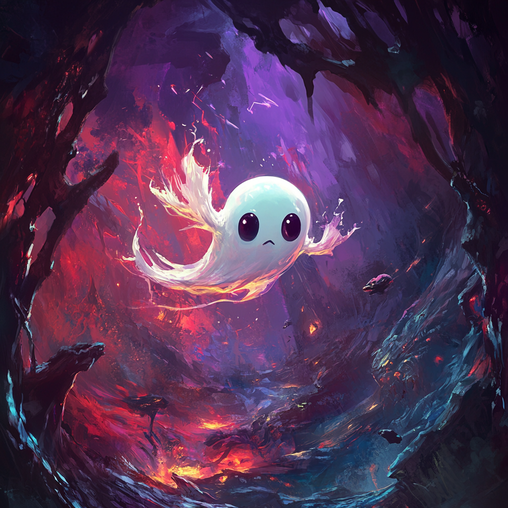 Ghostly creature flying in dark fantasy world on mobile game.