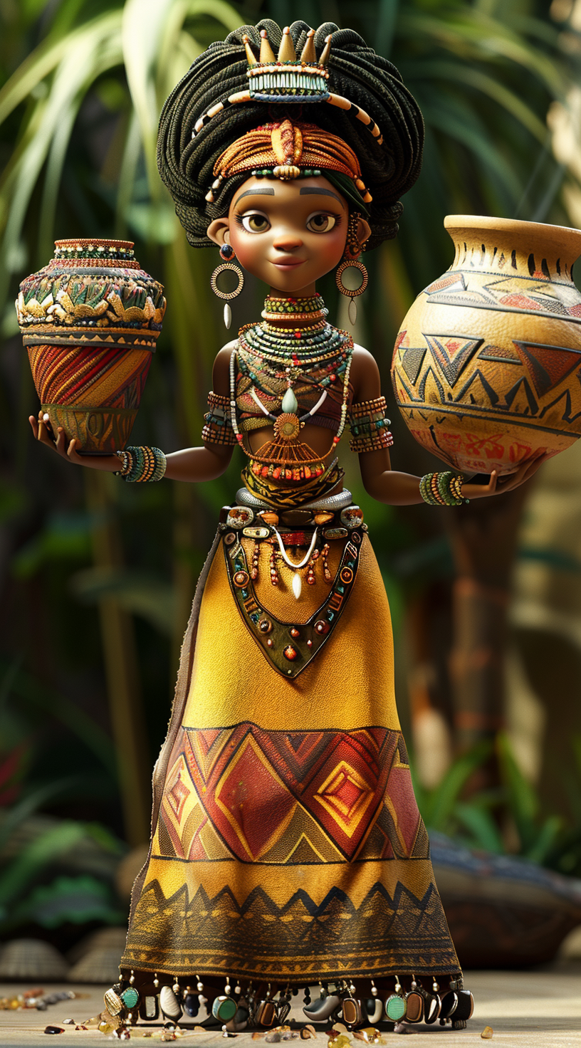 Giant African princess in fine attire with crown and pot.