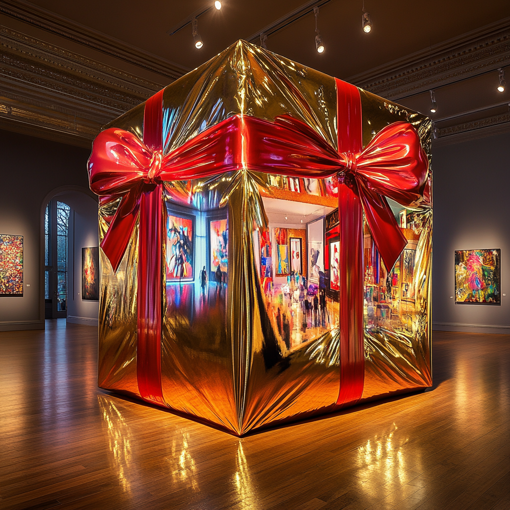 Giant gift box becomes magical art gallery surprise.