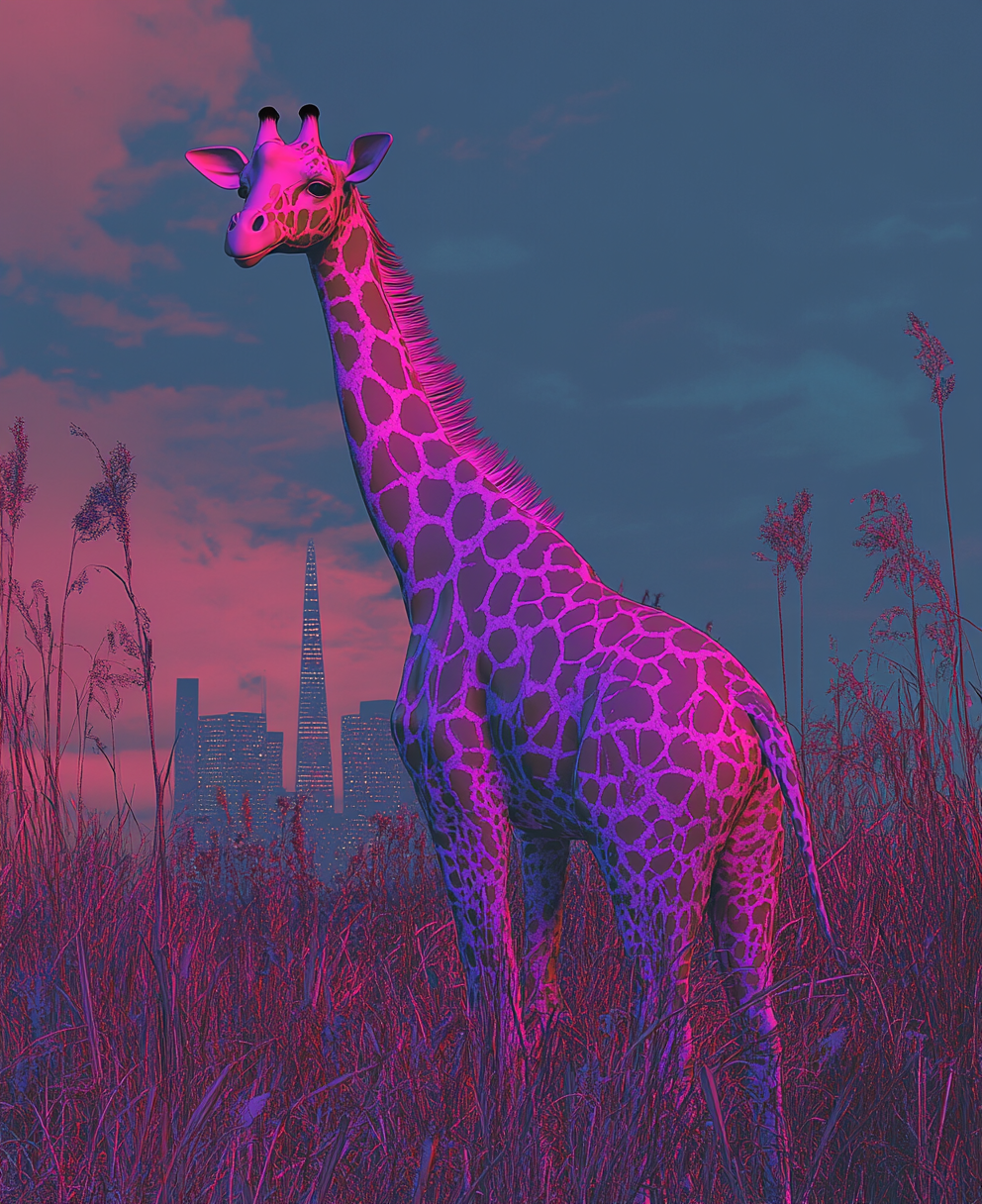 Giraffe in grass in NYC style surreal surroundings.