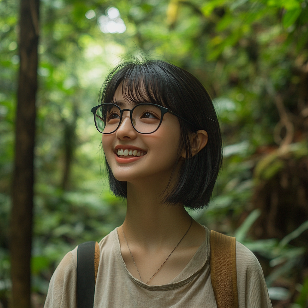 Girl with black hair, glasses, smiling in forest.