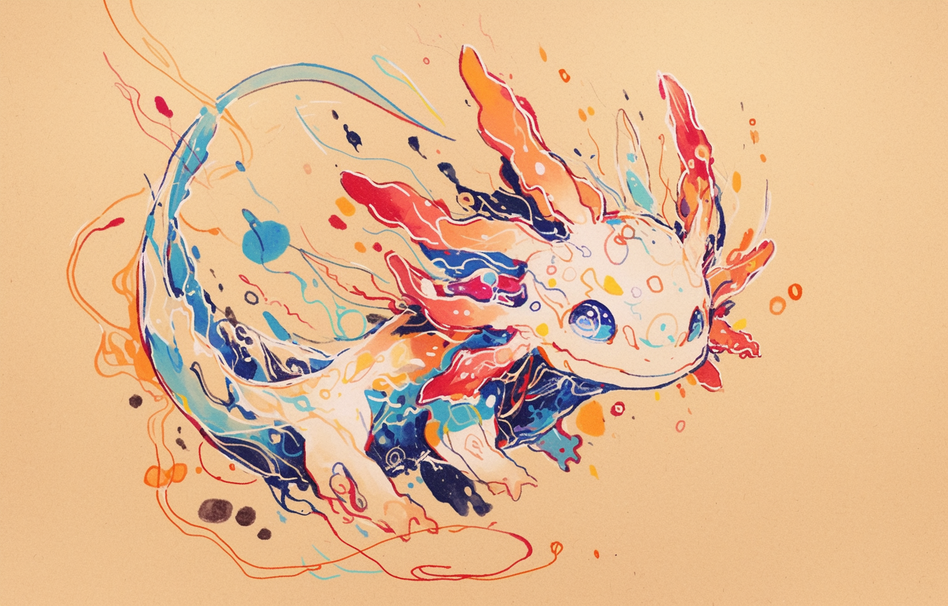 Glitched axolotl on canvas drawing, colorful lines, unique eyes.