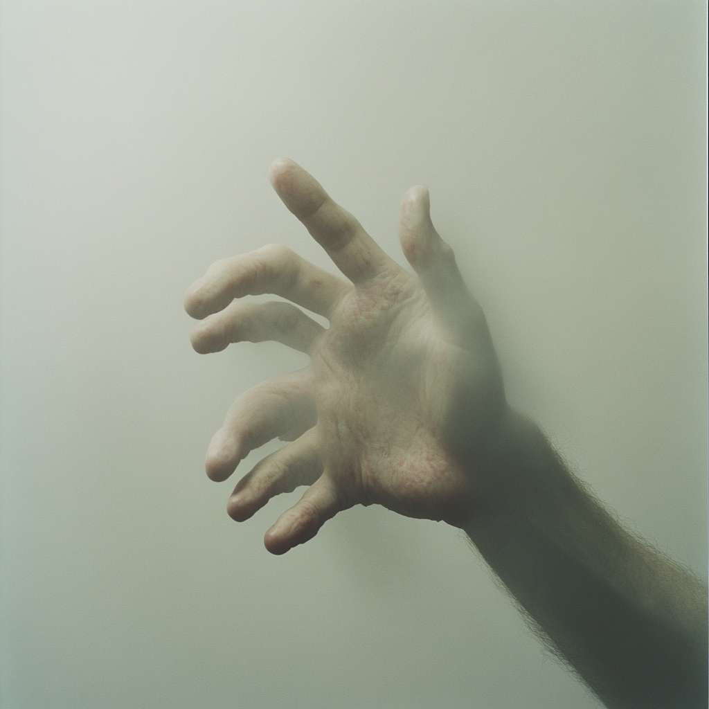 Godlike hands emerge from void in melancholy photograph.