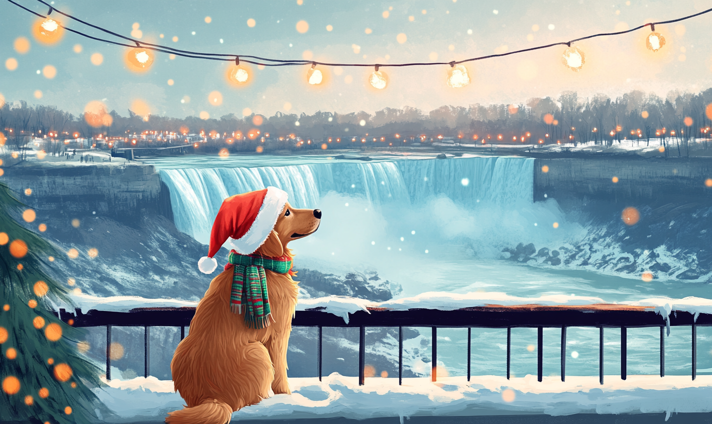 Golden Retriever in Santa hat and scarf at falls.