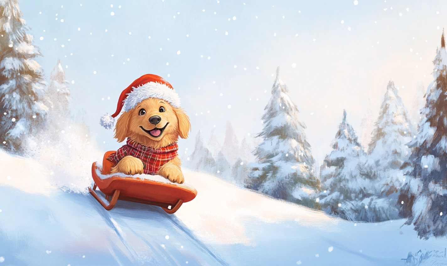 Golden Retriever in Santa hat on sled in snow.