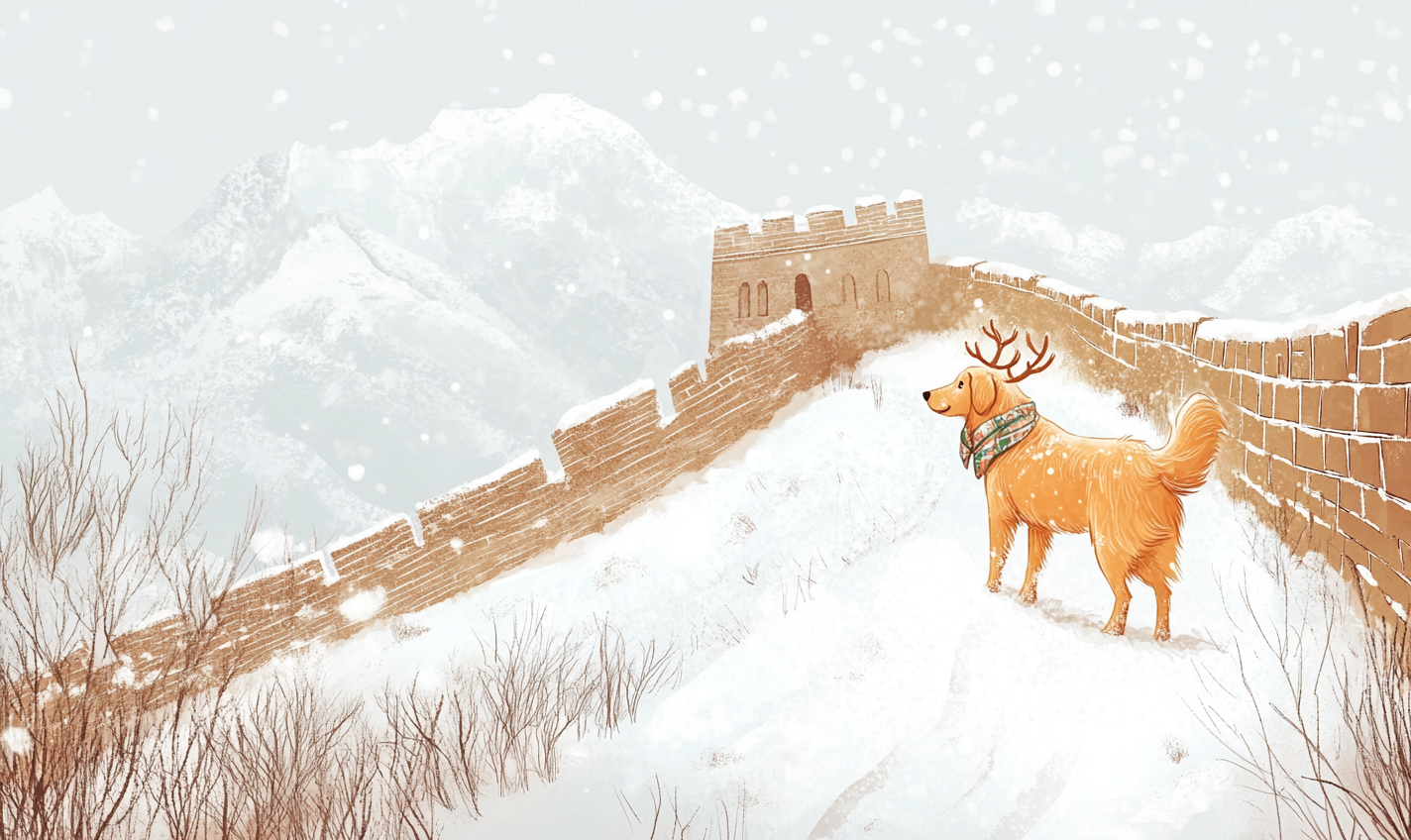 Golden Retriever with antlers and scarf on snow covered Great Wall of China.