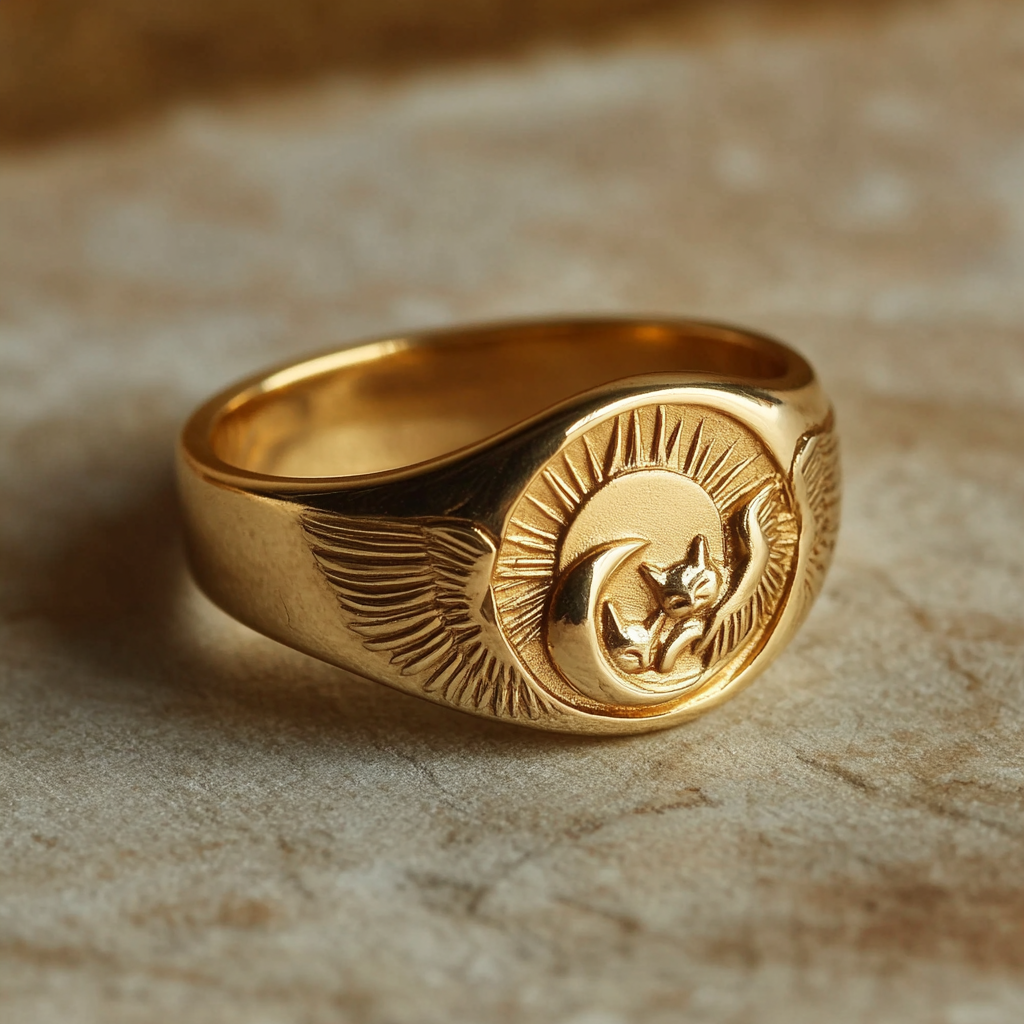 Golden signet ring with sun, moon, wing, cats cuddling.