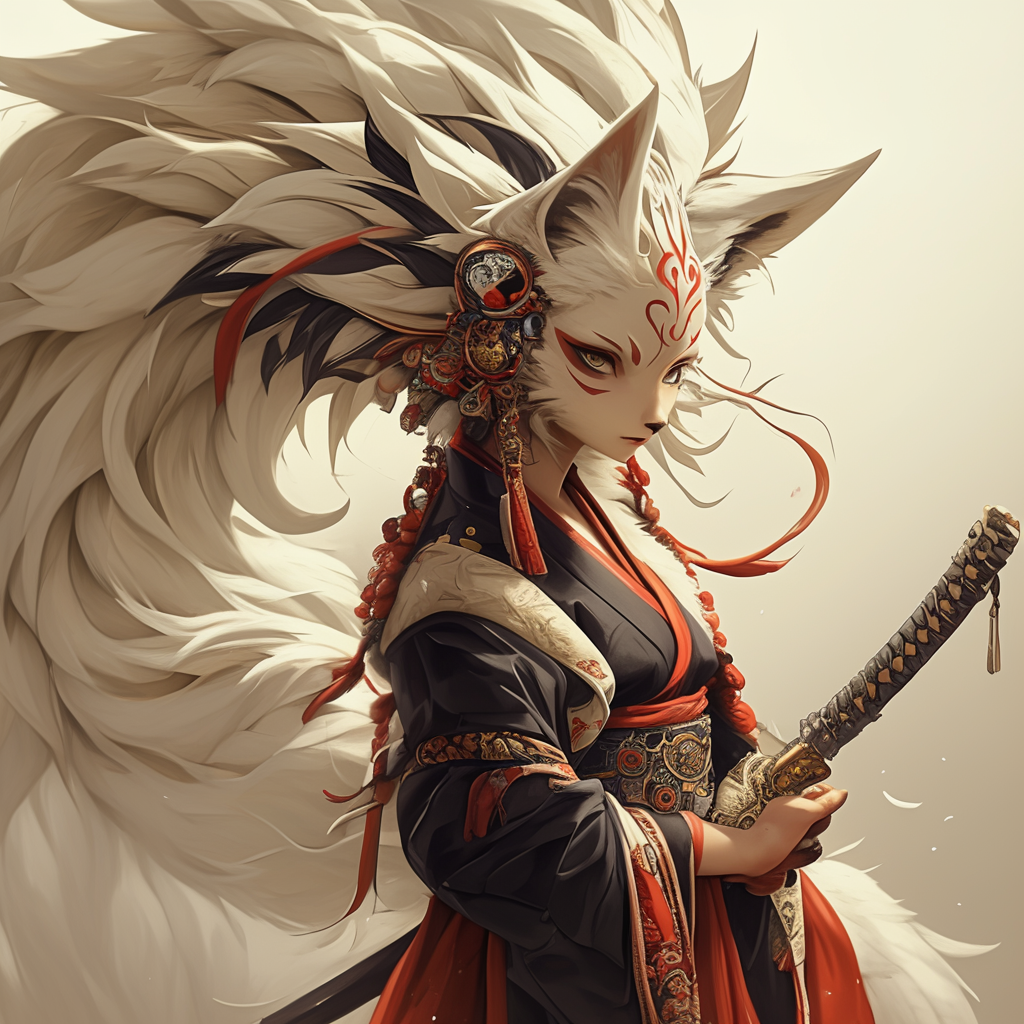 Gorgeous Kitsune in vibrant kimono with katana, detailed.