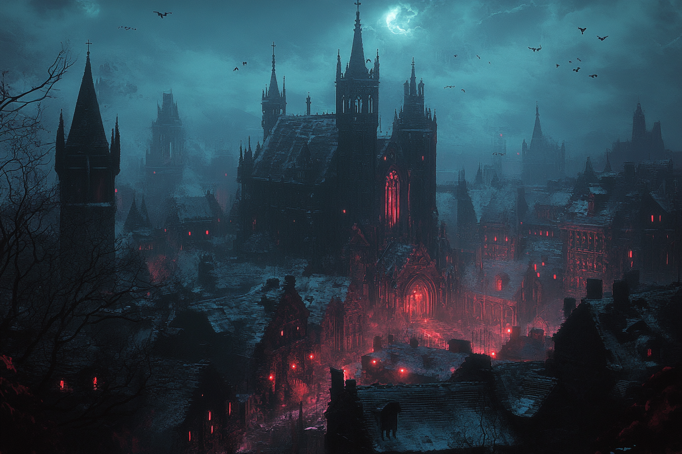 Gothic evil town with horror art style details.