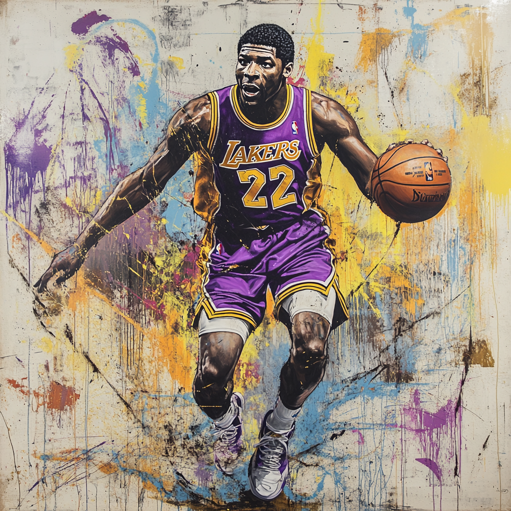 Graffiti mural of Magic Johnson, dynamic, colorful design.