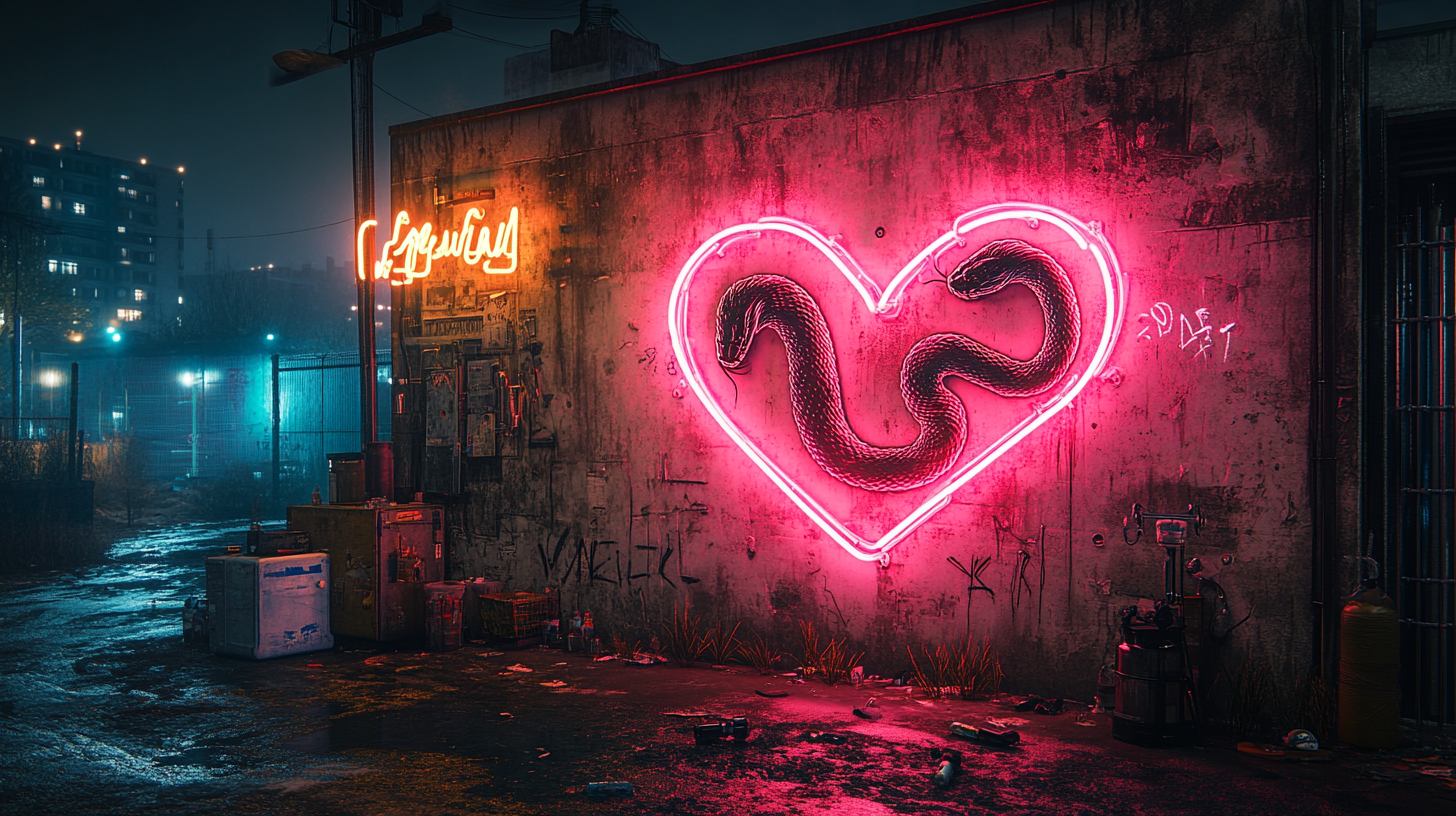 Graffiti of snakes forming heart, neon lights, concrete wall.