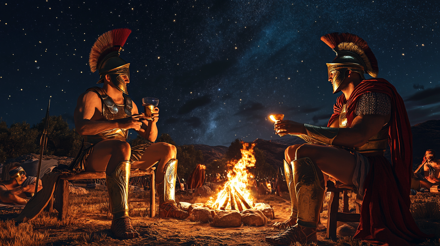 Greek soldiers sharing wine by campfire under starry sky.