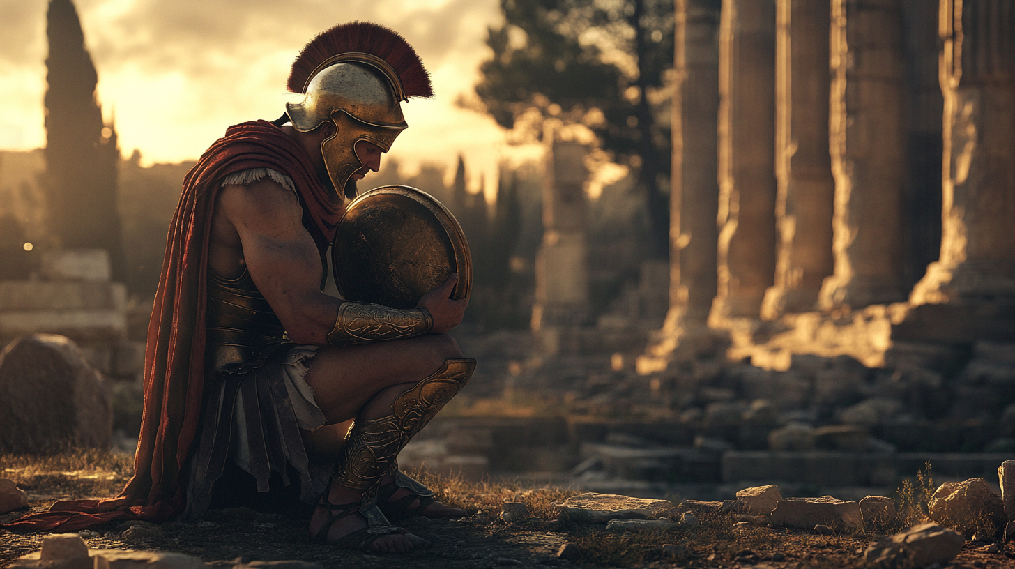 Greek warrior praying to gods with ancient ruins backdrop.