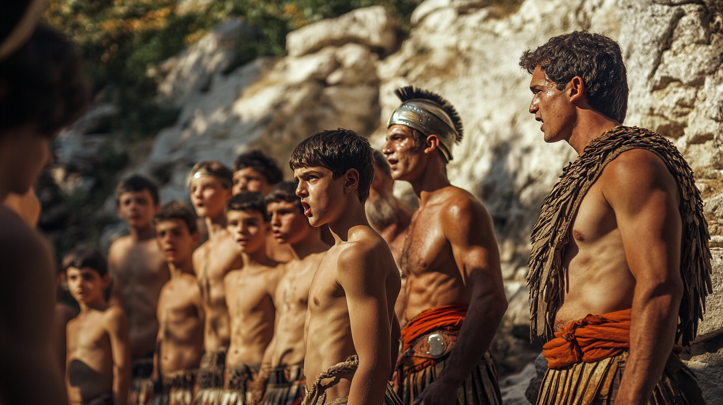 Greek youths training hard under watchful elders at sunrise.