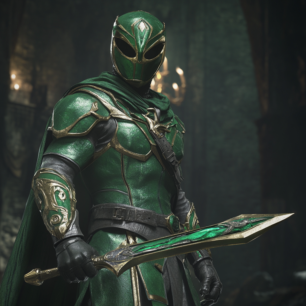 Green Power Ranger in medieval fantasy setting with dragon dagger.