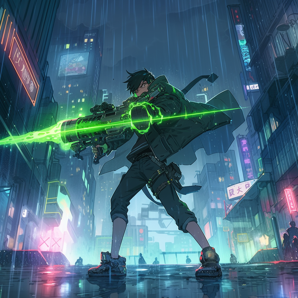 Green alien boy with laser blaster in cyberpunk anime.