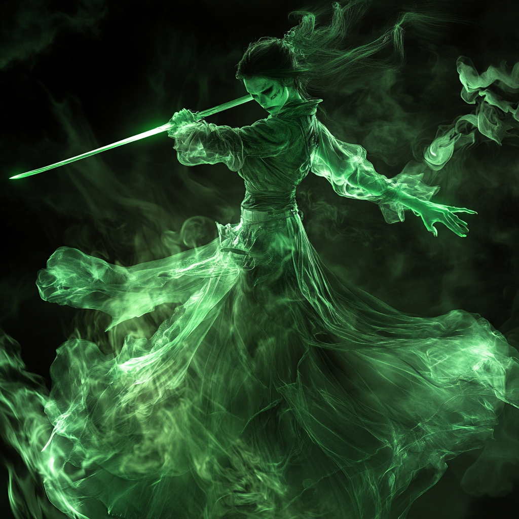 Green translucent undead female warrior swinging sword in the wind.