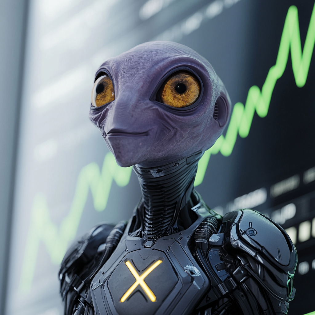 Grey alien in armor amazed by rising stock chart.