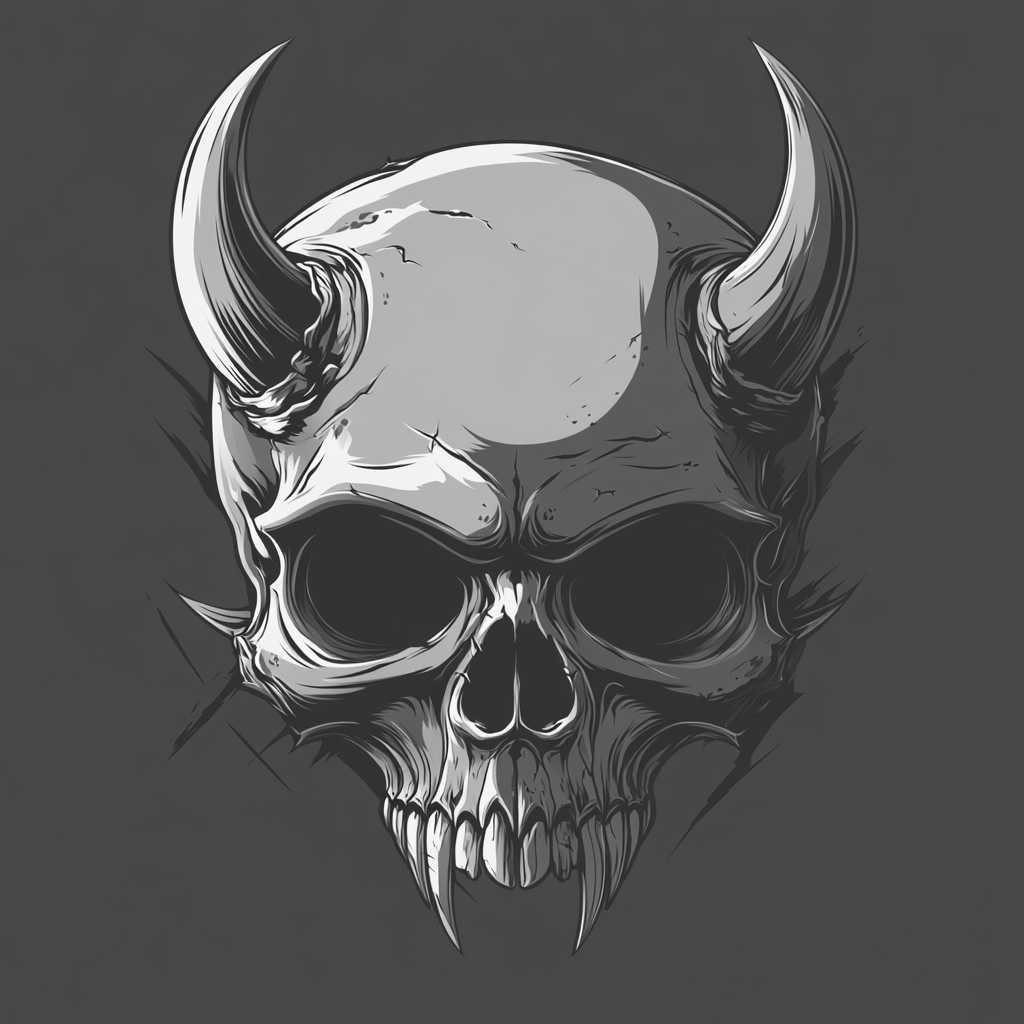 Grey skull with horns, steel-like texture, 80s comic style.