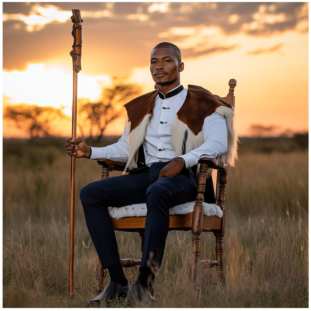 Groom in Botswana holding staff, sitting on chair.