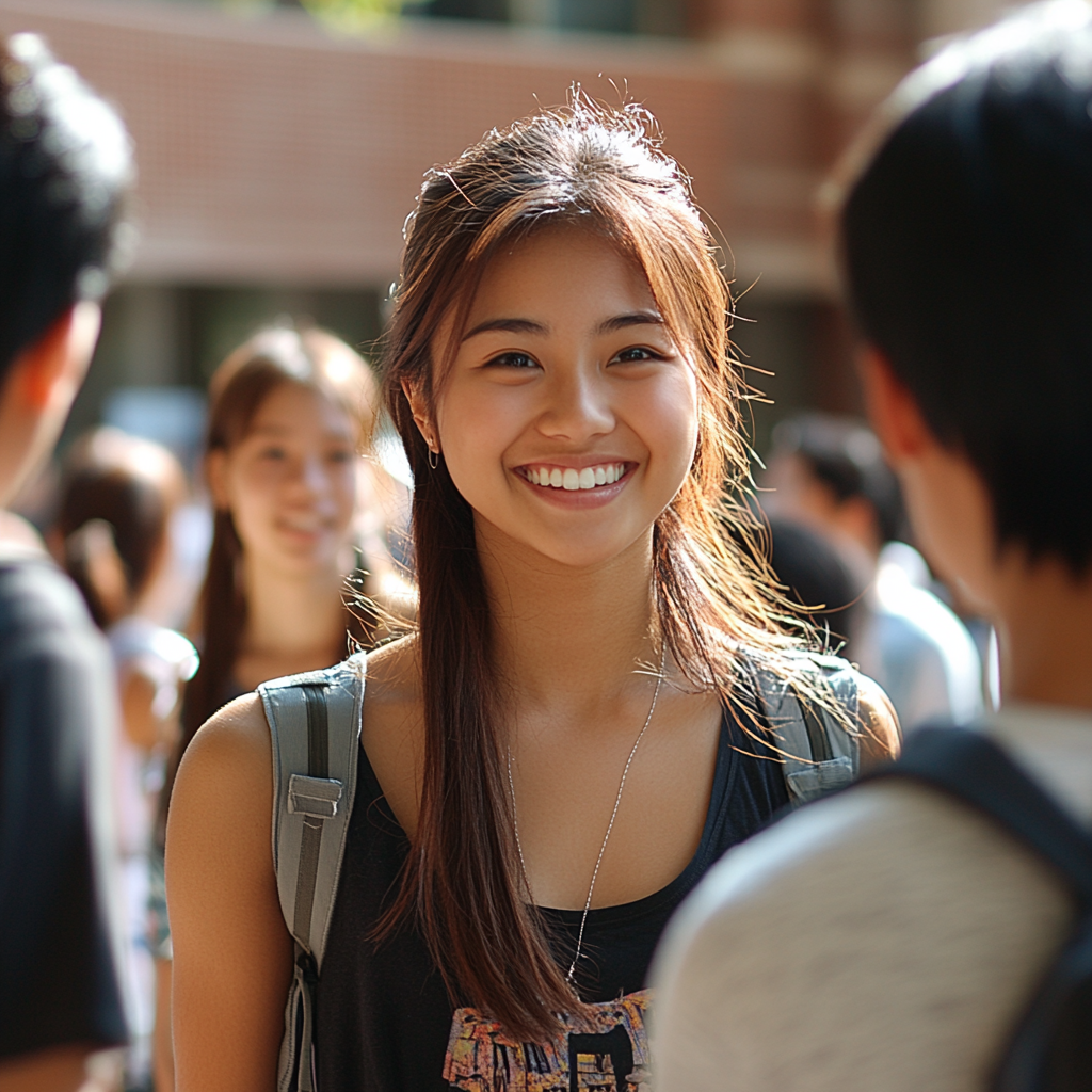 Group of Asian college students walking, talking, laughing outdoors.