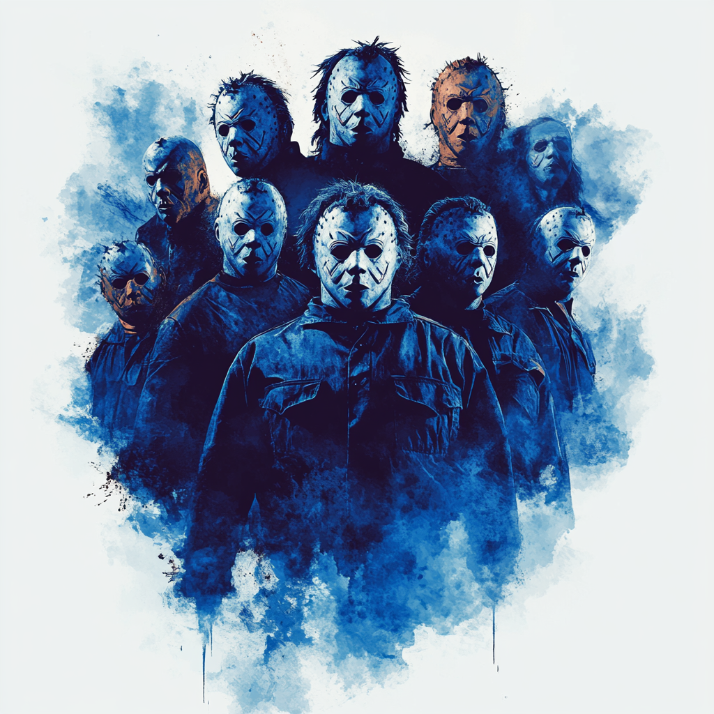 Group of Michael Myers in dynamic, eerie composition.