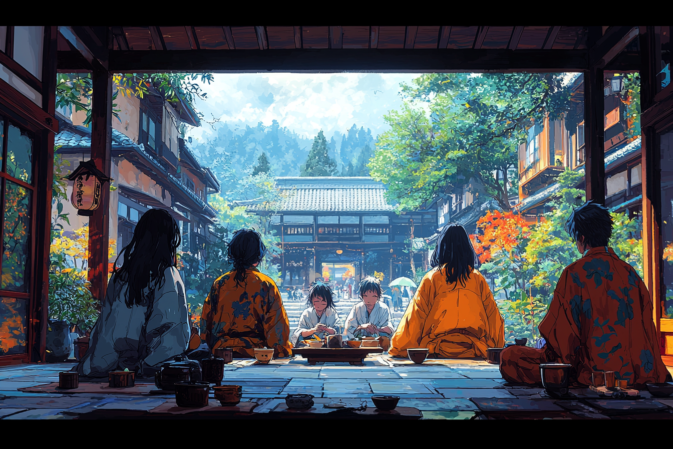 Group of people in modern teahouse with vibrant colors.