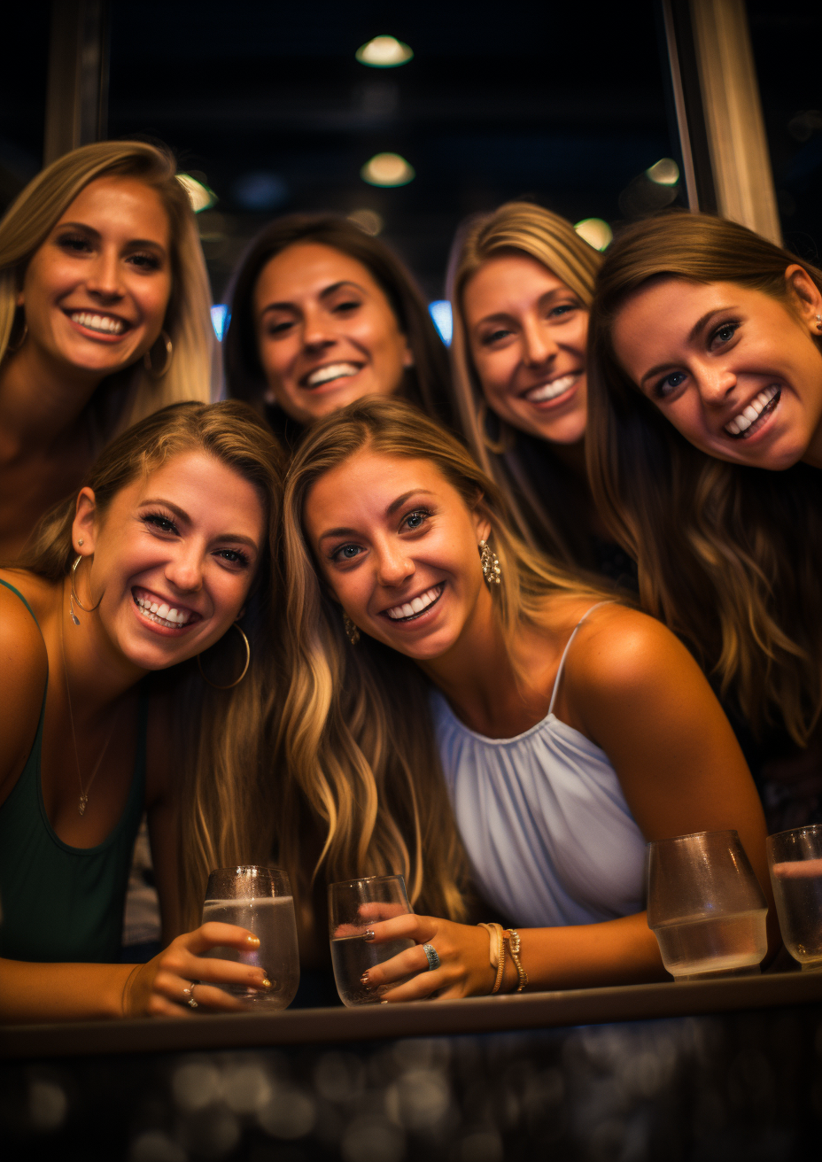 Group of six wealthy AEPHI influencers preparing for nightclub.