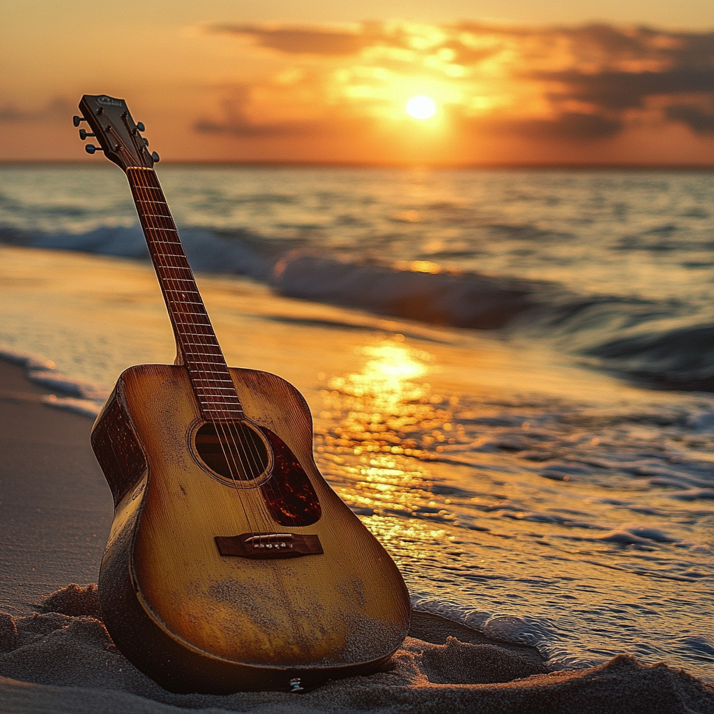 Guitar on sandy beach with ocean and sunset backdrop.