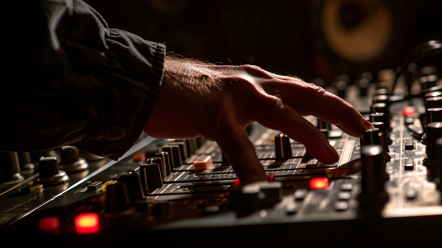 Hand adjusting analog drum machine settings, 70s vibe.