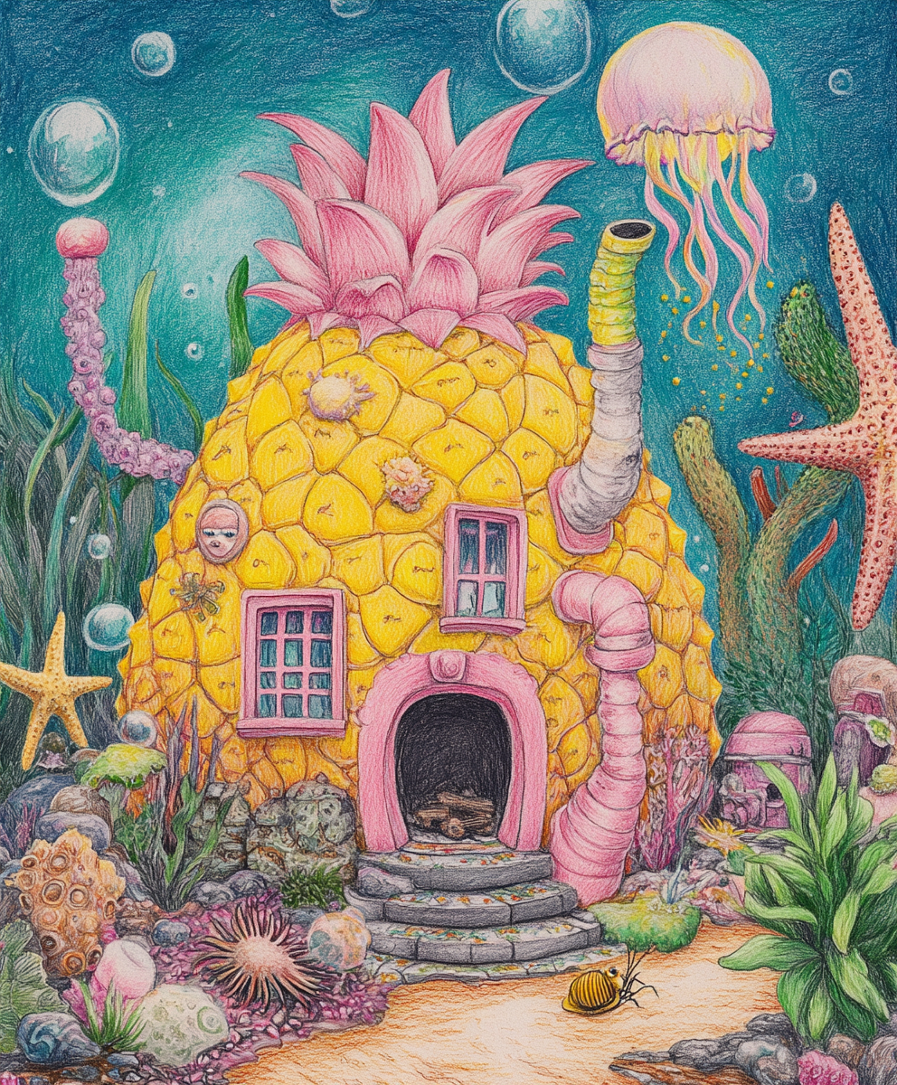 Hand-drawn Spongebob pineapple house with colorful characters.