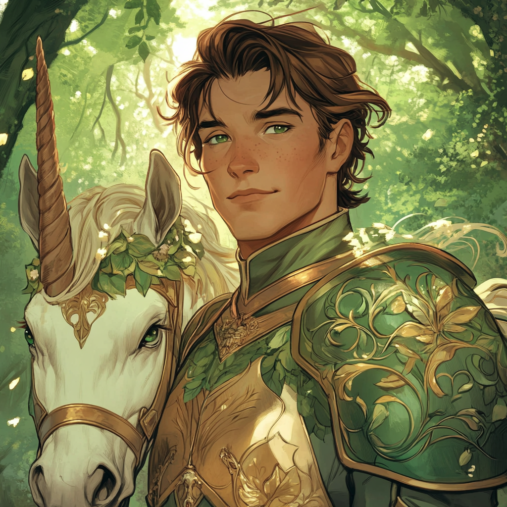 Handsome knight with brown hair, green eyes, riding unicorn.