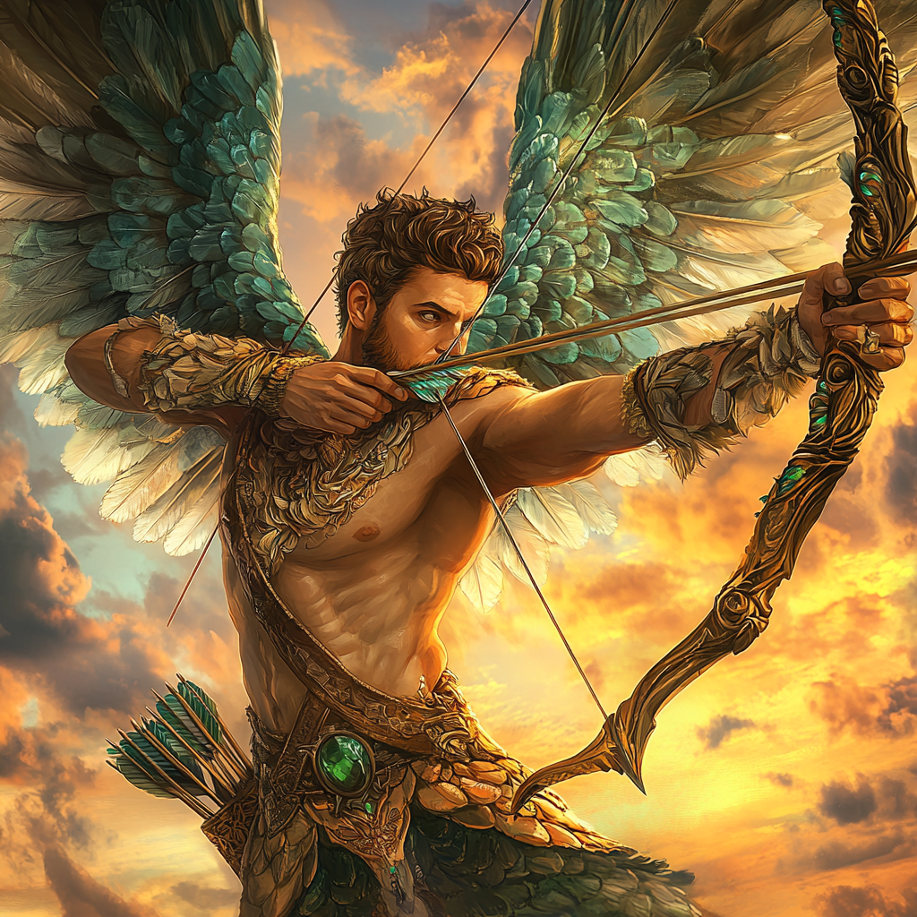 Handsome male Angel with short dark brown hair and hazel eyes, wearing fantasy green and brown clothes flying and shooting bow and arrow.