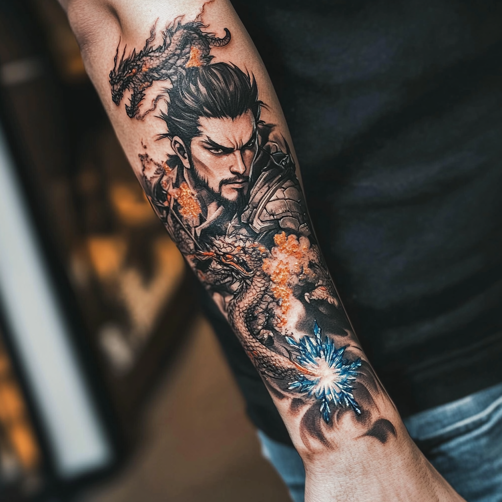 Hanzo Overwatch Photorealistic Tattoo Caucasian Forearm Spirit Dragons